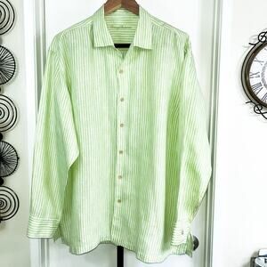 Tommy Bahama Mens Striped 100% Linen Shirt - Green White, Size XXL